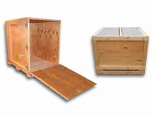 Embalaje de madera para stands y eventos con cierres de seguridad y fácil acceso para montajes.