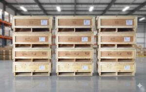 Pilas de cajas de madera cerradas para exportación almacenadas en una bodega logística de Miami.